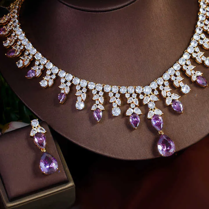 مجموعة مجوهرات زفاف فاخرة مطلية بالذهب ومرصعة بأحجار الزركونياLuxury Gold Plated Cubic Zirconia Wedding Jewelry Set
