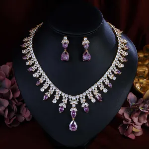 مجموعة مجوهرات زفاف فاخرة مطلية بالذهب ومرصعة بأحجار الزركونياLuxury Gold Plated Cubic Zirconia Wedding Jewelry Set