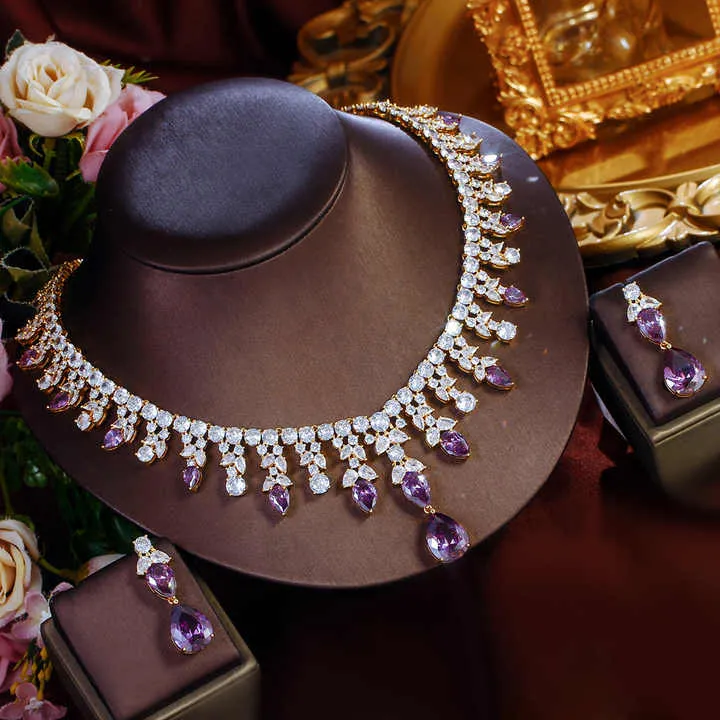 مجموعة مجوهرات زفاف فاخرة مطلية بالذهب ومرصعة بأحجار الزركونياLuxury Gold Plated Cubic Zirconia Wedding Jewelry Set