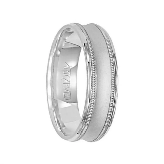 14k White Gold Wedding Band Concave Satin Brushed Finish with Milgrain Rolled Edges by Artcarved - 6mm