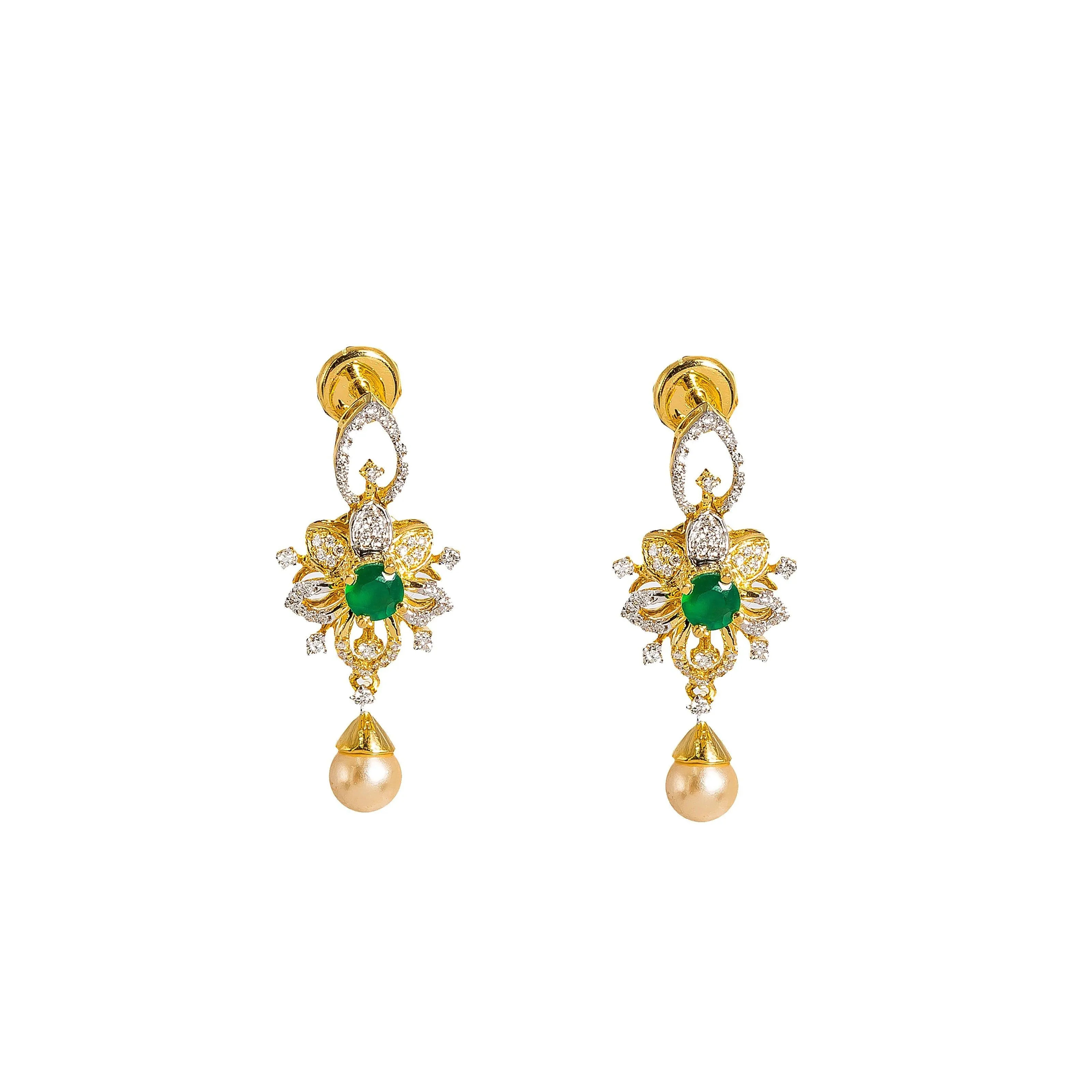 18K  Yellow Gold Diamond Necklace & Earrings Set W/ VVS Diamonds, Emeralds, Pearls & Lotus Flower Pendant