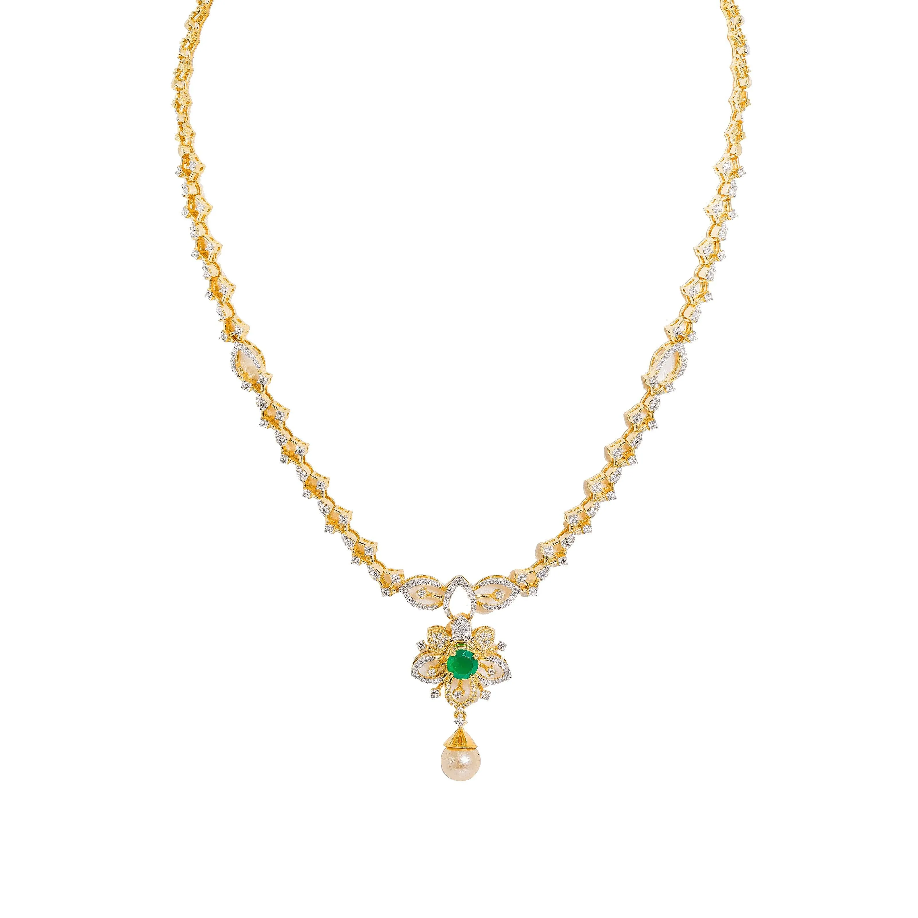 18K  Yellow Gold Diamond Necklace & Earrings Set W/ VVS Diamonds, Emeralds, Pearls & Lotus Flower Pendant