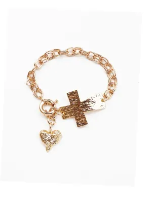 Bracelet Gold Hammered Cross w Heart