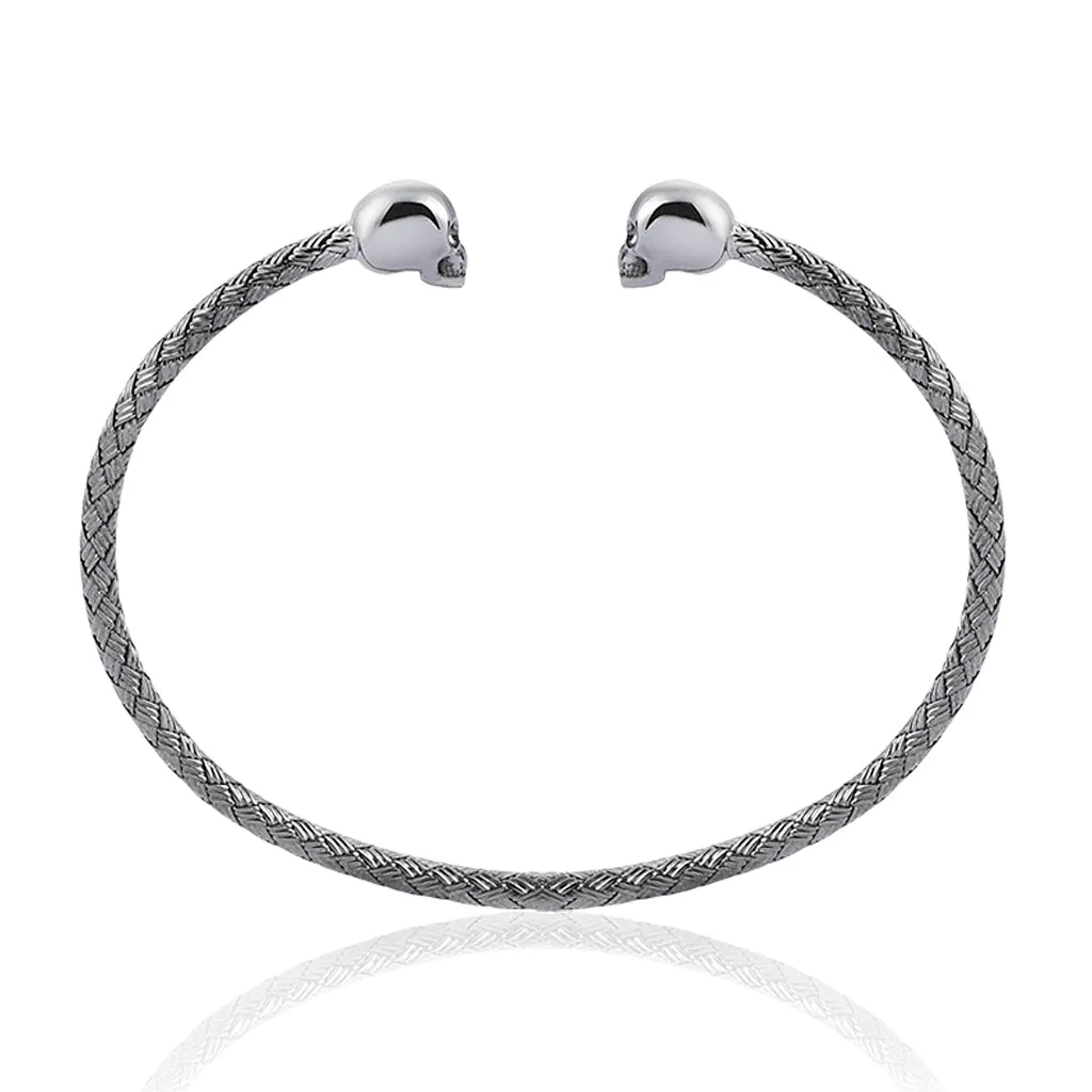 Braided Skull Cuff Bracelet - Solid Silver