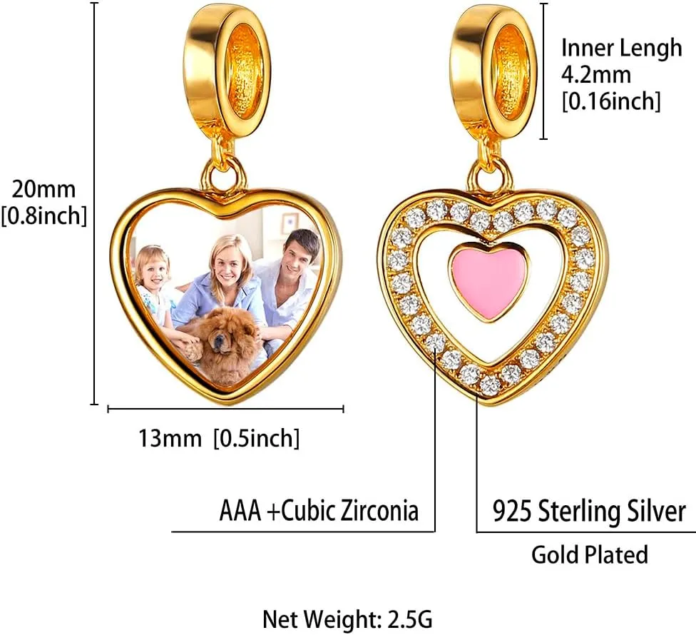 Custom4U Photo Charms for Bracelets,925 Sterling Silver/Gold Plated Heart/Tree of Life/Round Charm Bead Personalized with Picture,Custom Personalized Memorial Jewelry Gift for Women Mom