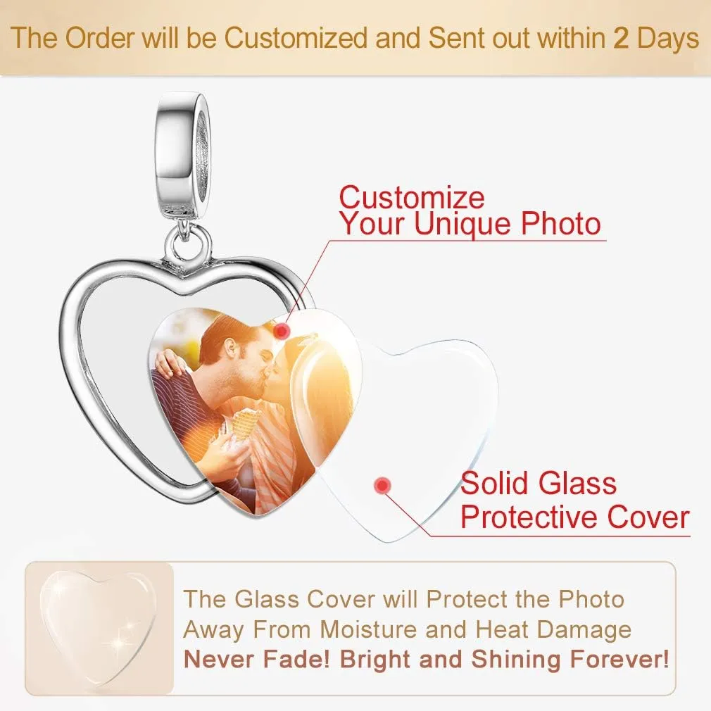Custom4U Photo Charms for Bracelets,925 Sterling Silver/Gold Plated Heart/Tree of Life/Round Charm Bead Personalized with Picture,Custom Personalized Memorial Jewelry Gift for Women Mom