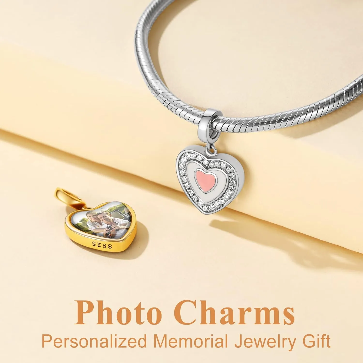 Custom4U Photo Charms for Bracelets,925 Sterling Silver/Gold Plated Heart/Tree of Life/Round Charm Bead Personalized with Picture,Custom Personalized Memorial Jewelry Gift for Women Mom