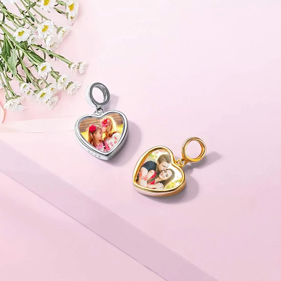 Custom4U Photo Charms for Bracelets,925 Sterling Silver/Gold Plated Heart/Tree of Life/Round Charm Bead Personalized with Picture,Custom Personalized Memorial Jewelry Gift for Women Mom