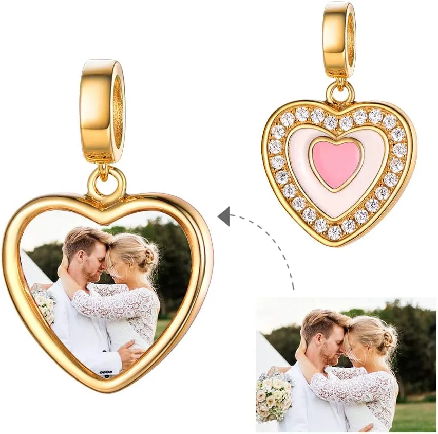 Custom4U Photo Charms for Bracelets,925 Sterling Silver/Gold Plated Heart/Tree of Life/Round Charm Bead Personalized with Picture,Custom Personalized Memorial Jewelry Gift for Women Mom