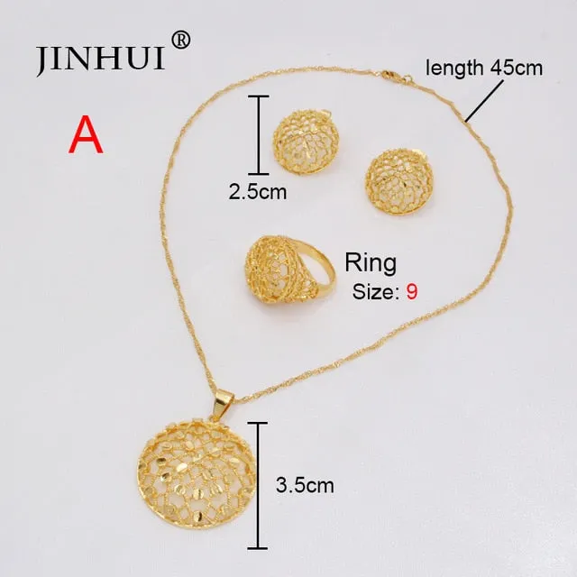 Ethiopia 24K gold color Dubai jewelry sets women African Necklace and Earrings ring sets 45cm Pendant gifts