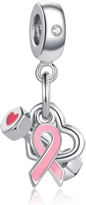 Fight Breast Cancer Awareness Dumbbell Charms Pink Ribbon Dangle Beads for Pandora Bracelets