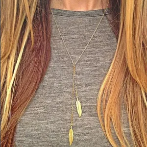 Gold Leaf Feather Tassels Pendant Necklace