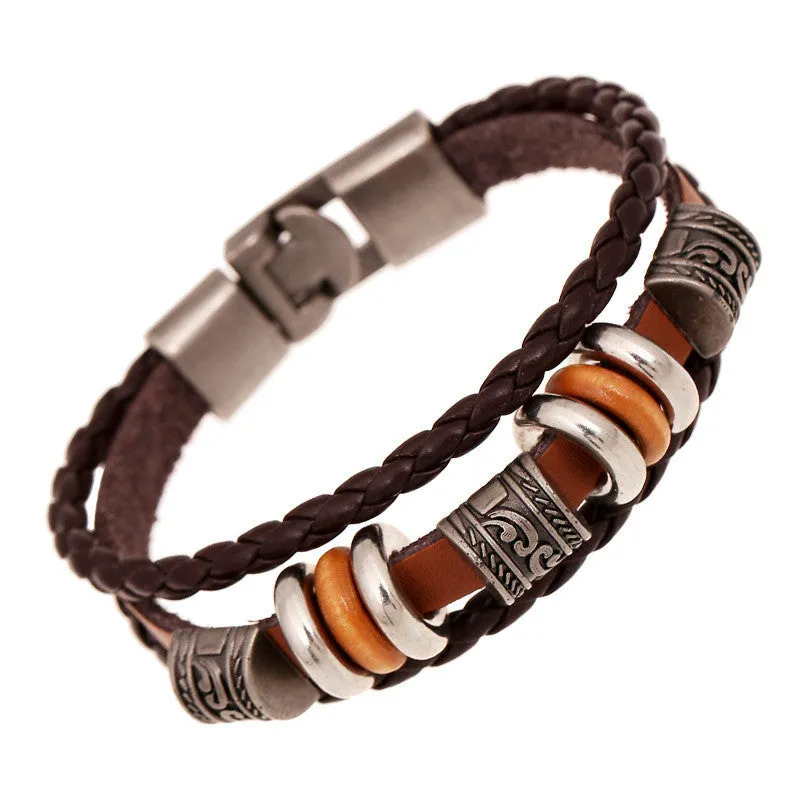 Men Fashion Vintage Engraved Braided Bracelet Retro Woven Genuine Leather Bracelets Bangles Circle Charms Bracelet Pulserias