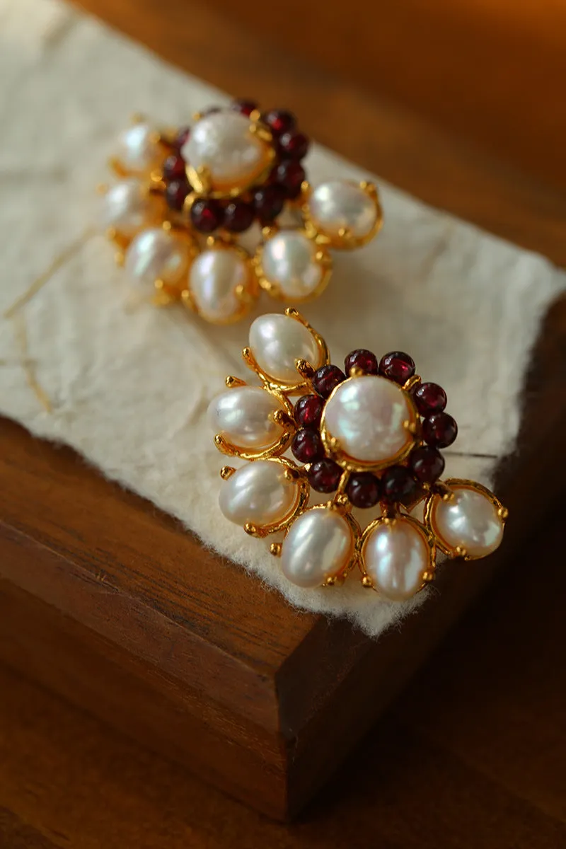 Natural Baroque Pearl Red Garnet Retro Earrings