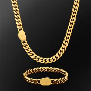 Push Button Clasp | 8mm Miami Cuban Link Chain and Bracelet Set in 18K Gold KRKC