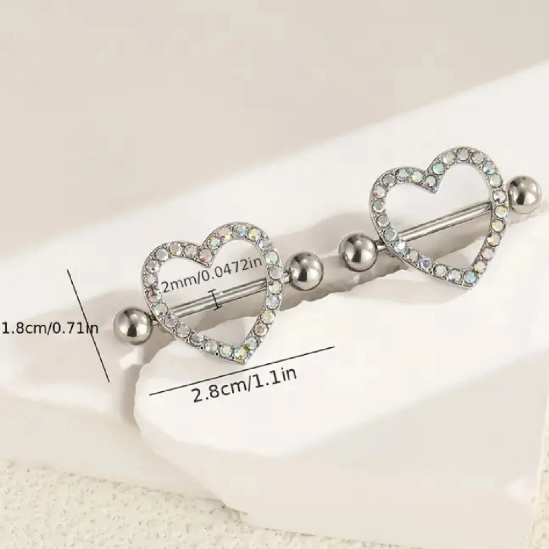 Silver Sparkly Heart Iridescent Rhinestone Nipple Rings