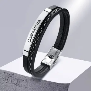 Vnox Multi Layer Leather Bracelets for Men Women Customizable Engraving Stainless Steel Casual Personalized Bangle