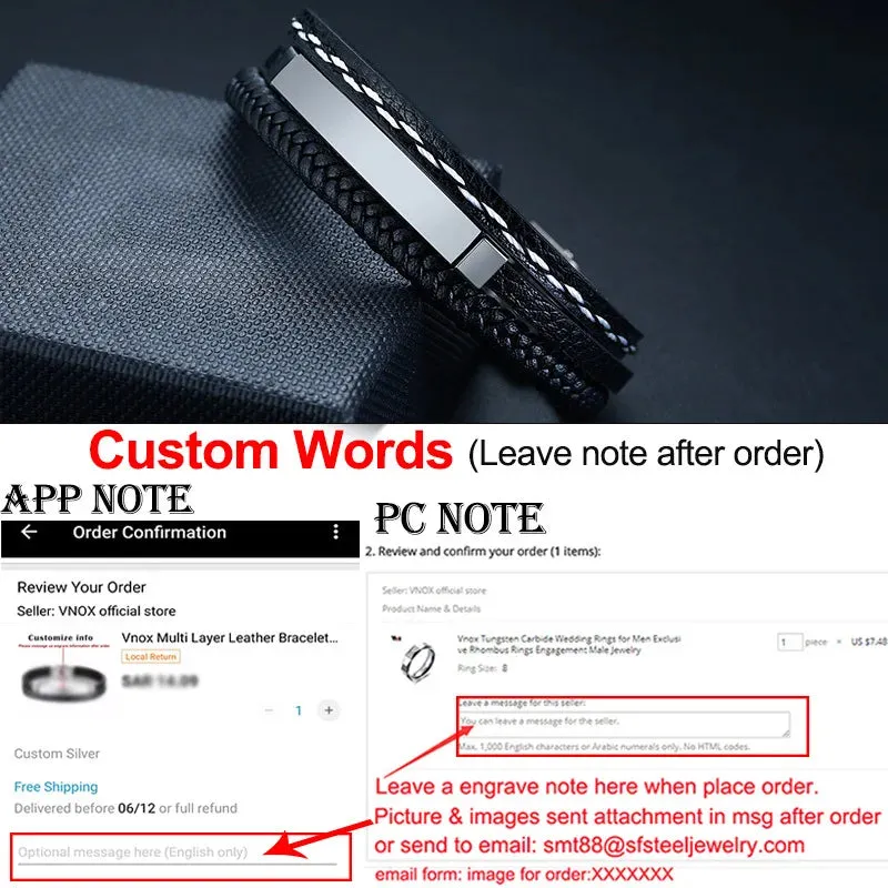 Vnox Multi Layer Leather Bracelets for Men Women Customizable Engraving Stainless Steel Casual Personalized Bangle