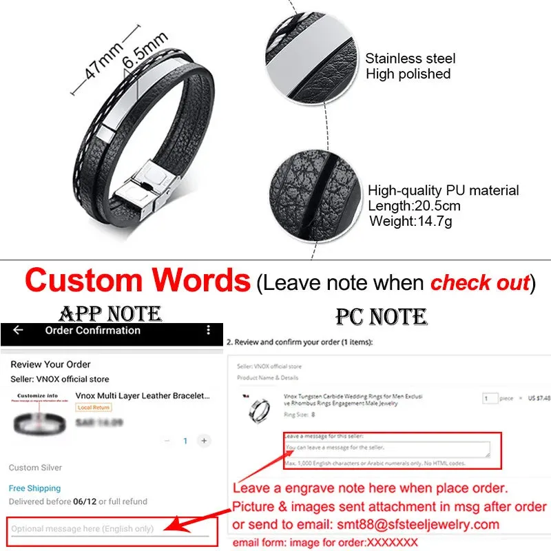 Vnox Multi Layer Leather Bracelets for Men Women Customizable Engraving Stainless Steel Casual Personalized Bangle