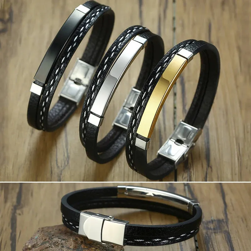 Vnox Multi Layer Leather Bracelets for Men Women Customizable Engraving Stainless Steel Casual Personalized Bangle