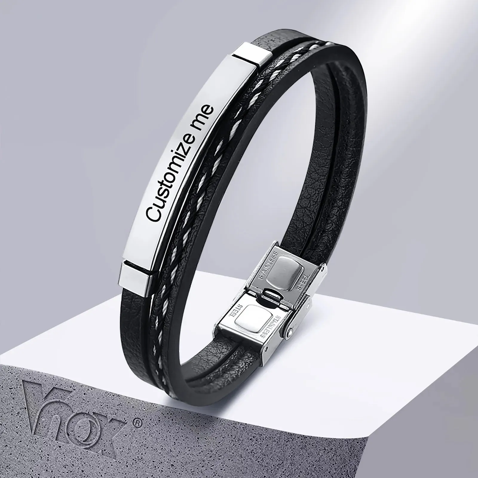Vnox Multi Layer Leather Bracelets for Men Women Customizable Engraving Stainless Steel Casual Personalized Bangle