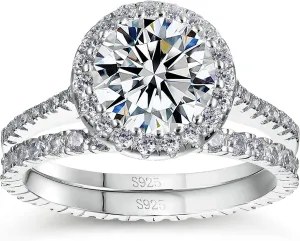 WES 2CT 925 Sterling Silver Bridal Rings Sets Moissanite Halo Engagements Rings Wedding Bands for Women D Color VVS1 Clarity Lab Created Diamond Rings Promise Rings for her